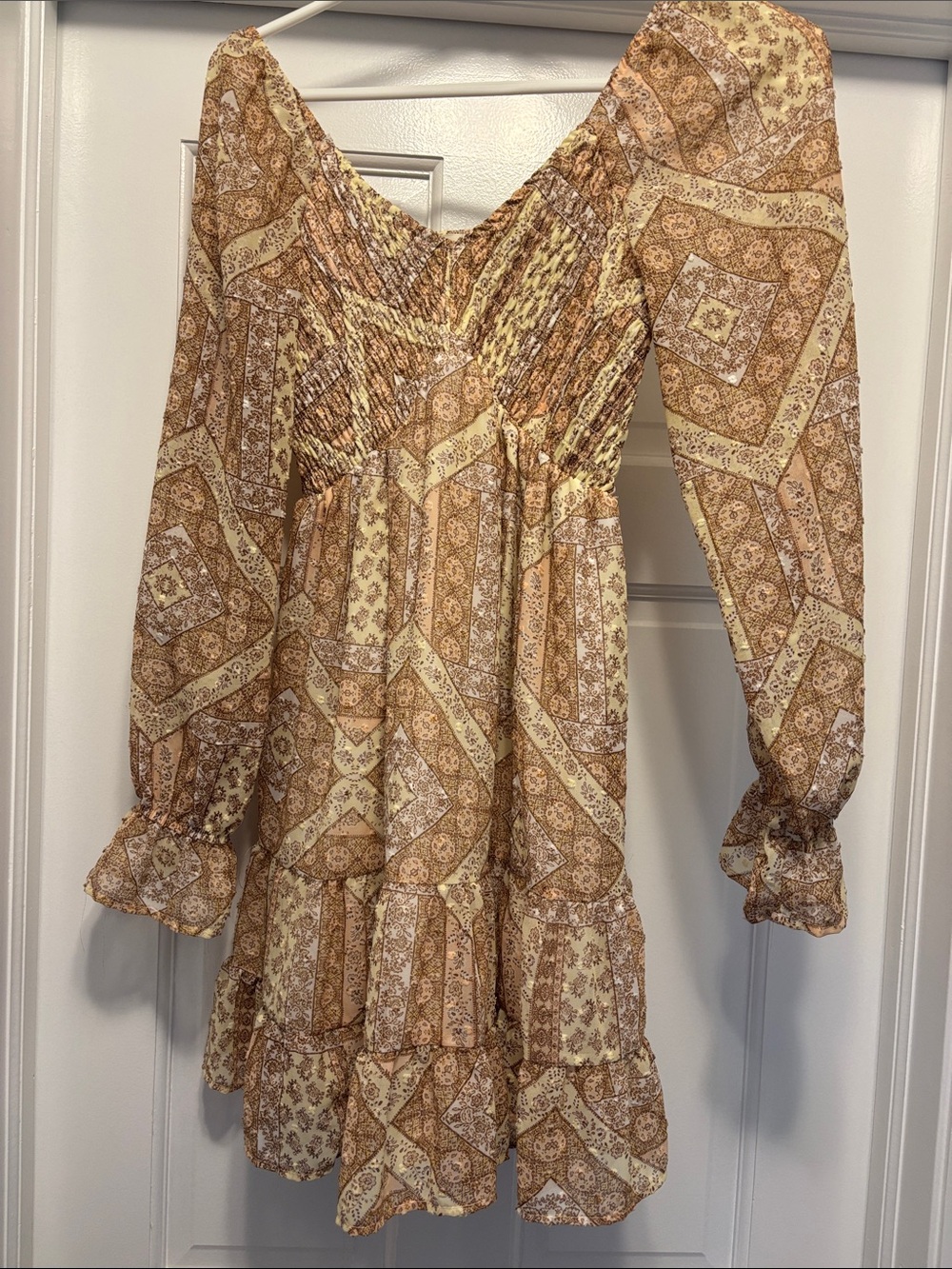Like New Ultra Flirt Beige and Brown Patchwork Long-Sleeve Mini Dress